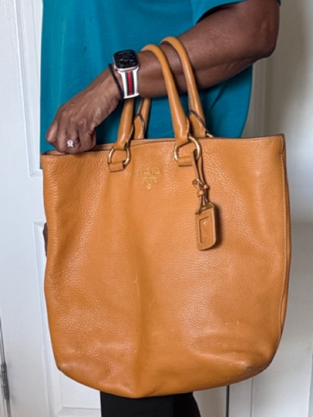 Prada Carmel Pebbled Leather Tote with Black Lined Interior - Picture 3 of 10